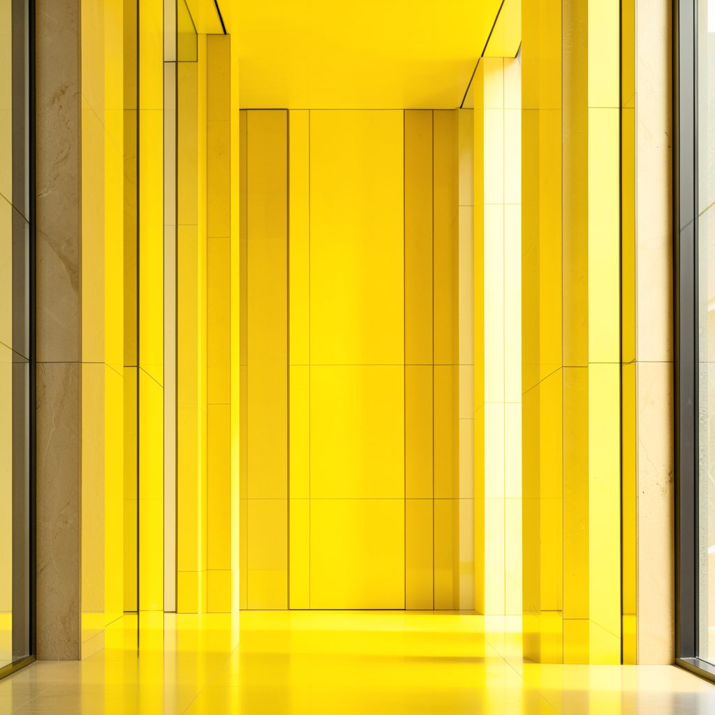 Bright yellow hero banner with warm sunlight streaming through a classroom window, casting long soft shadows across empty wooden desks.